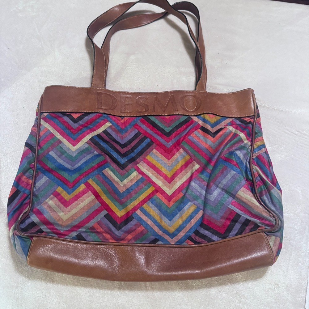 DESMO Italy Leather bag colorful fabric chevron shoulder purse tote roomy